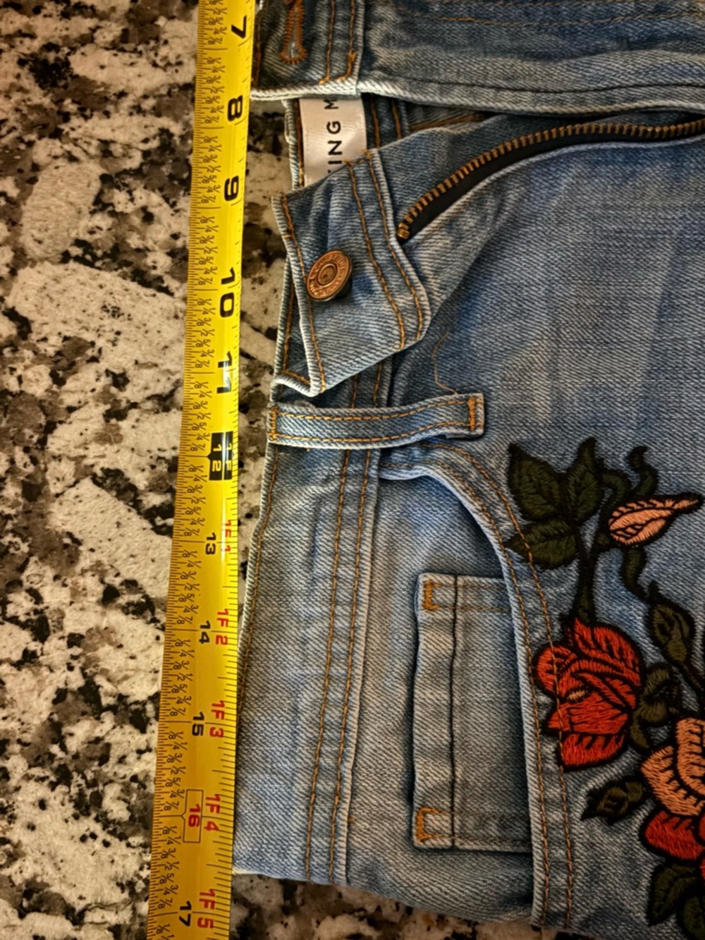 Flying Monkey Light Blue Embroidered Denim Shorts with Red Floral Accents - Picture 3 of 4